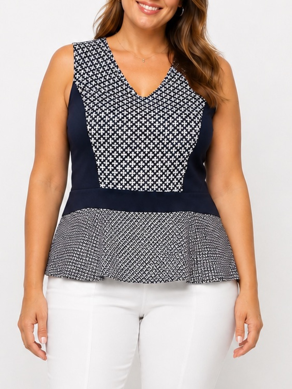 Ann Taylor Navy Geometric Peplum Sleeveless Blouse Size 14